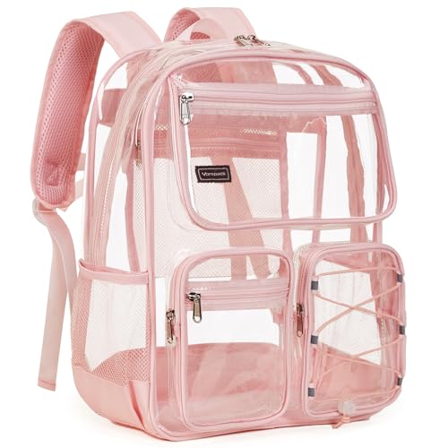 Vorspack Clear Backpack for School - Heavy Duty Clear Bookbag for Girls Boys Large Multi-Pocket See Through Backpacks for Teens, Travel, Work, Festival - Light Pink - color: Light Pink, size: Large