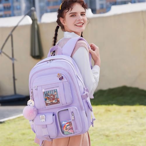 LXYGD Backpack for Girls with Accessories Laptop Bookbags 16 Inch Kawaii Kids Elementary Middle High School Bag College Travel Daypack Gifts for Teens Women Students (Purple) - color: Purple