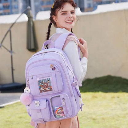 LXYGD Backpack for Girls with Accessories Laptop Bookbags 16 Inch Kawaii Kids Elementary Middle High School Bag College Travel Daypack Gifts for Teens Women Students (Purple) - color: Purple