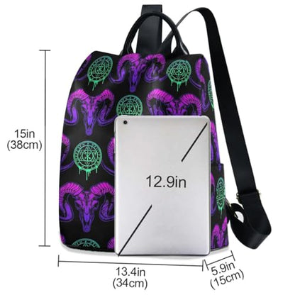 MNSRUU Women Backpack Purse Mystical Ram Skull Backpack for Women Anti-theft Shoulder Bag Carry On Backpack Lightweight Rucksack Fashion Travel Ladies Bags - color: Goth 18