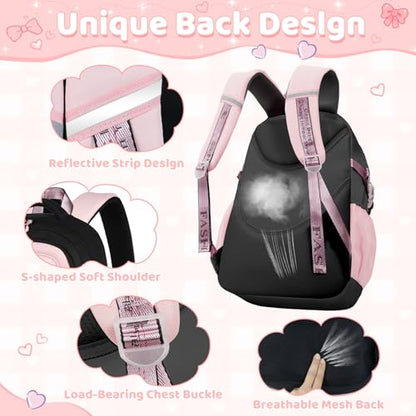 Girls Backpack with Lunch Box, 5pc Cute Pink/Black Bookbag for Kids Teen, Kawaii Aesthetic Elementary School Backpack - color: Pink Black