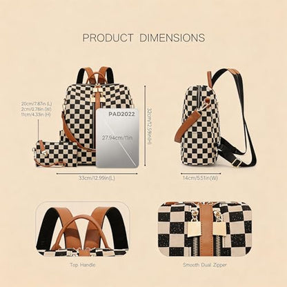 Women's Backpack with Wristlet Set, Large Capacity Tote Backpack for Women, Fashion Travel Backpack & Stylish Mommy Bag (Black Chessboard) - color: Black Chessboard