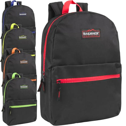 Trail maker 24 Pack- Classic 17 Inch Backpacks in Bulk Wholesale Back Packs for Boys and Girls (Black Color Trim Pack) - color: Black Color Trim Pack