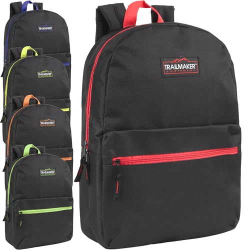 Trail maker 24 Pack- Classic 17 Inch Backpacks in Bulk Wholesale Back Packs for Boys and Girls (Black Color Trim Pack) - color: Black Color Trim Pack
