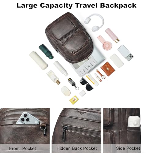 LATMAP Vegan Leather Backpack 17In Laptop Backpack for Women Travel Coffee | large capacity, laptop compartment, water-resistant, easy to wipe clean, TSA-friendly, with luggage strap & pickpocket-proof - color: Coffee Color