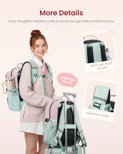 LOVEVOOK School Backpack for Teen Girls, Unique Style College Student Backpacks with Large Cup Holder, Cute Kid Bookbag with Pens Compartment, Large Capacity Back to School Backpack Fit 15.6'' Laptop - color: Green Pink Beige, size: Medium