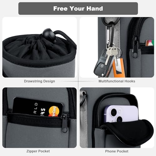 Water Bottle Holder with Strap, Water Bottle Carrier Bag with Phone Pocket, Shoulder Hand Strap Insulated Neoprene 32/40 oz Water Bottle Sleeve for Walking Hiking Camping Gym - color: 6 GRAY, size: under 32oz