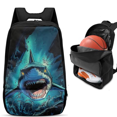 Basketball Backpack With Separate Ball Compartment And Shoes Fit Basketball Volleyball Football - color: Fierce Shark
