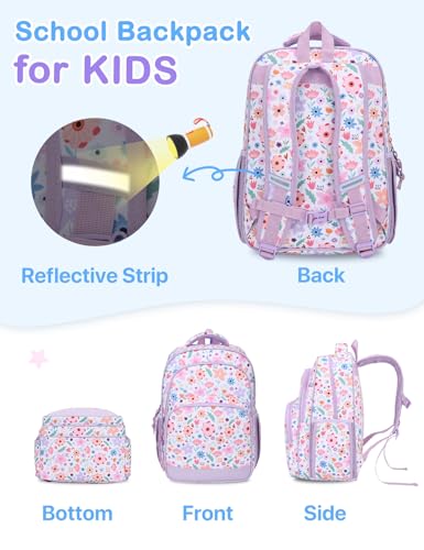 VASCHY Kids Backpacks, 12L Toddler & 17.5L School Backpacks, Lightweight Water-Resistant for Boys and Girls Ages 3-12 - color: Lilac Bloom-l, size: Large