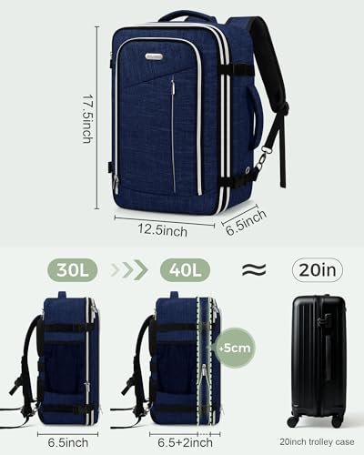 Travel Carry On 17.5" Laptop Expandable Backpack for Men Women, Personal Item Bag Waterproof Airline Approved with USB Charging Hole 3 Packing Cubes, Large Weekender Daypack Business Luggage Suitcase - color: Navy Blue, size: Expandable