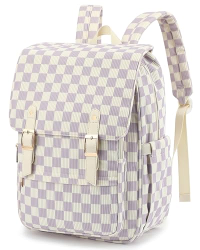 Corduroy Laptop Backpack for Women, Fits 15.6 Inch Computer Bag, College High School Bookbag Travel Daypack Purse, Work Business Bags - Corduroy Checkered Purple - color: Corduroy Checkered Purple