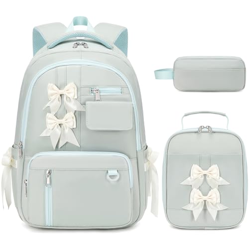Bevalsa Backpack for Girls, Bow School Backpack for Kids with Lunch Bag & Pen Case, Cute Bookbag for Teens Girls Children for Elementary Middle High College Student, Back To School Gift (Green) - color: Green