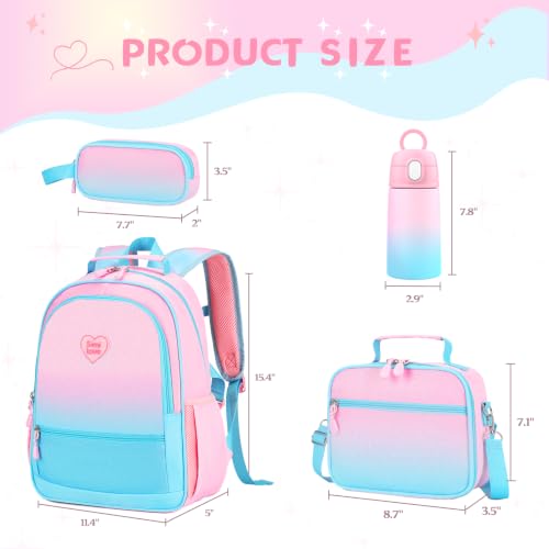 Kids Backpack for Girls 5-8, 4PCS Toddler Backpack with 13oz Kids Insulated Water Bottle, Lunch Box and Pencil Case, Girls Bookbag Schoolbag for Primary Kindergarten Elementary School - color: Pink Blue