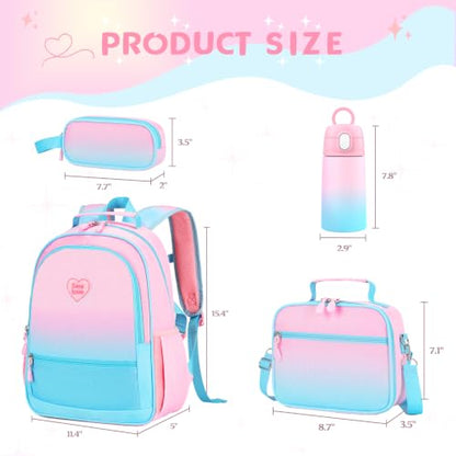 Kids Backpack for Girls 5-8, 4PCS Toddler Backpack with 13oz Kids Insulated Water Bottle, Lunch Box and Pencil Case, Girls Bookbag Schoolbag for Primary Kindergarten Elementary School - color: Pink Blue