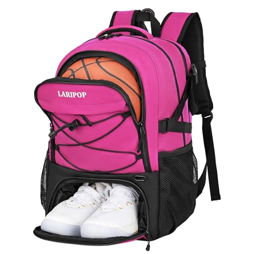 LARIPOP Basketball Backpack Large Basketball Bag with Ball Holder & Shoe Compartment for Adults Men Women - color: Pink