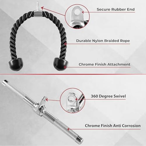 Yes4All Cable Machine Attachment, Row Handles, Tricep Rope, Straight Bar, V Bar, LAT Pulldown Accessories Load 880 LB for Home Gym - color: L. (Chrome) Tricep Rope + Straight Bar
