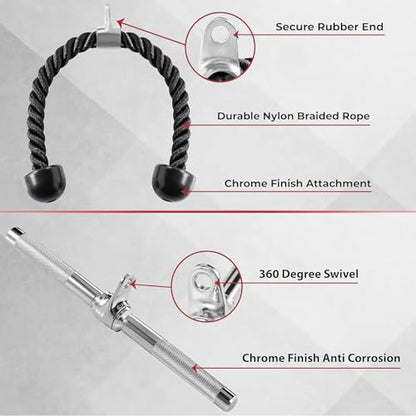 Yes4All Cable Machine Attachment, Row Handles, Tricep Rope, Straight Bar, V Bar, LAT Pulldown Accessories Load 880 LB for Home Gym - color: L. (Chrome) Tricep Rope + Straight Bar