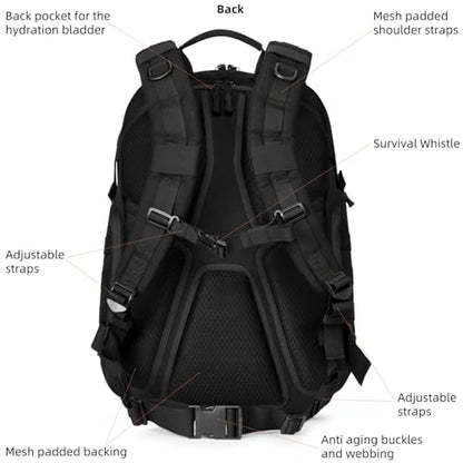 AMHEH 32L 1050D Urban Tactical Laptop Backpack, 17 Inch Computer, Black | Suspended Tech Compartment, MOLLE Daypack, Everyday Carry, Commuting, Airplane Travel Approved, Get Home Bag - color: Black