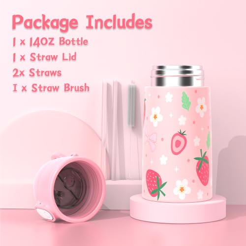 Kids Backpack for Girls 5-8, 4PCS Toddler Backpack with 13oz Kids Insulated Water Bottle, Lunch Box and Pencil Case, Girls Bookbag Schoolbag for Primary Kindergarten Elementary School - color: Strawberry Pink