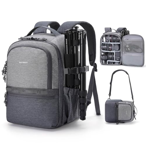 BAGSMART Camera Backpack, DSLR SLR Small Camera Bags for Photographers Compatible for Sony Canon Nikon, Shoulder Strap 2-in-1 Travel Backpack Fits 12.9" iPad, Gray - color: Gray