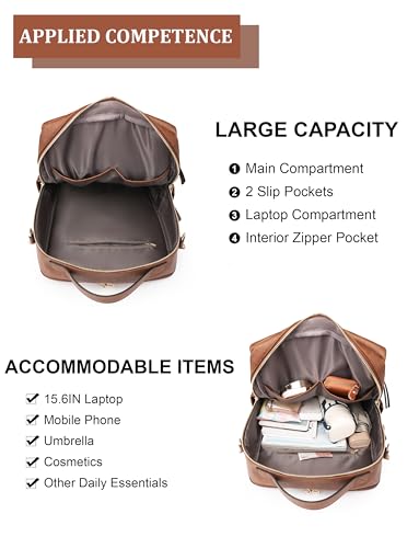 Dora & Liz Laptop Backpack for Women, Leather Travel Backpack with 15.6 Inch Laptop Compartment, College Work Computer Bag - color: Caramel