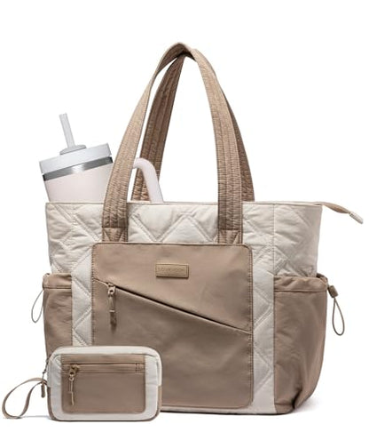 LOVEVOOK Tote Bag for Women, puffer tote bag for Work Travel Nurse, Lightweight quilted Bags with Compartments - color: M-15.6 Inch-cream-khaki