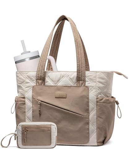 LOVEVOOK Tote Bag for Women, puffer tote bag for Work Travel Nurse, Lightweight quilted Bags with Compartments - color: M-15.6 Inch-cream-khaki