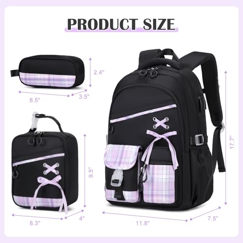 DIGOBAY Backpacks for Girls - 3PCS Girls Backpack with Lunch Box & Pencil Pouch Plaid School Backpacks for Elementary Middle High College School Bookbag for Teen Girl Kids Students Blackpurple - color: Blackpurple
