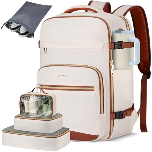 YAMTION Travel Laptops Backpack for Women,Large Carry On Luggage for Airplanes Weekender Bags for Personal Items,Airline Approved TSA Overnight Bags with 4 Packing Cubes - color: Beige, size: 42L-Sets