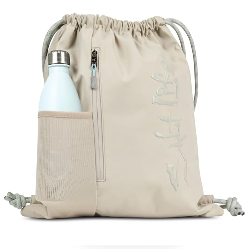 Salt Life Drawstring Backpack for Men and Women - Small Draw String Cinch Gym Bag with Water Bottle Pocket and Zipper Pocket - color: Beige