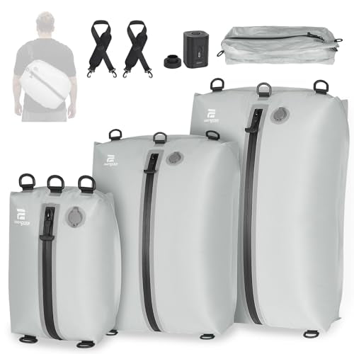 3 Pack Vacuum Bags for Travel with Pump, 3-Size Set Reusable Vacuum Compression Bags for Luggage, Space Saver IP67 Waterproof Vacuum Packing Cubes for Suitcase&Backpack, Grey white