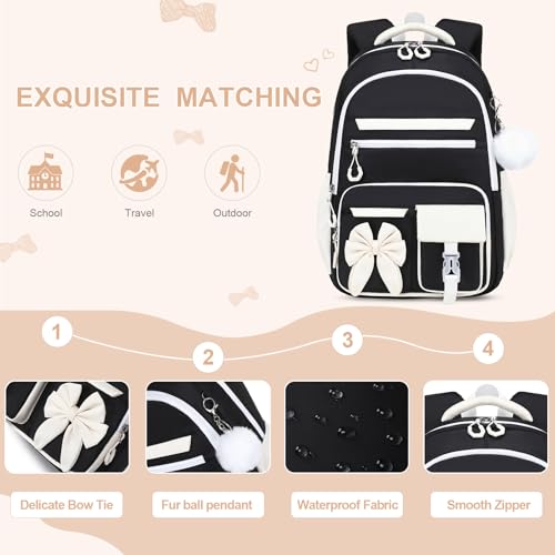 DIGOBAY Backpack for Girls, 3PCS Girls Backpack for School with Lunch Bag Pencil Case, Cute Kids Teens Bookbag for Kindergarten Elementary Preschool Middle School - color: Black-white