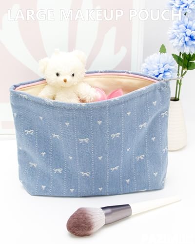 PAZIMIIK Makeup Bag Large Cotton Zipper Pouch for Purse Travel Canvas Make Up Organizer for Women Cosmetic,Jean Light - color: Jean Light