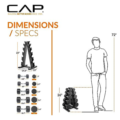 CAP Rubber Coated Hex Dumbbell Set with Storage Rack | 100–210 lb Options, Space-Saving Vertical Compact Storage for Home Gym Strength Training - size: 150 lb - Set, style: 12-Sided Chrome Handle