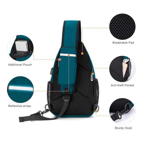 MOSISO Sling Backpack Bag, Crossbody Shoulder Bag Travel Hiking Daypack Chest Bag with Front Square Pocket&USB Charging Port - color: Teal Green