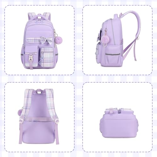 MOONBABY Girls Backpack, Kids Backpack for Girls School Bags with Pen Case, Bow Plaid Book Bag for Elementary Middle Primary High School College, Purple-2pcs - color: Purple
