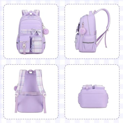 MOONBABY Girls Backpack, Kids Backpack for Girls School Bags with Pen Case, Bow Plaid Book Bag for Elementary Middle Primary High School College, Purple-2pcs - color: Purple