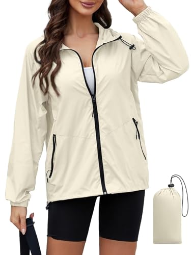 PITINAN Lightweight Rain Jacket Women Packable Wind Breaker Light Rain Jacket Women Waterproof Travel Raincoat S-XXL - color: Beige, size: Small