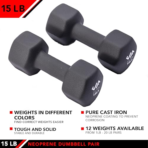 JFIT Dumbbell Pairs or Sets – Neoprene & Vinyl Coated Hand Weights for Home Gym, Strength Training, Aerobics, Cardio Exercise and Fitness - size: 15 lbs (Pair), style: Dumbbell Pair