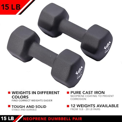 JFIT Dumbbell Pairs or Sets – Neoprene & Vinyl Coated Hand Weights for Home Gym, Strength Training, Aerobics, Cardio Exercise and Fitness - size: 15 lbs (Pair), style: Dumbbell Pair