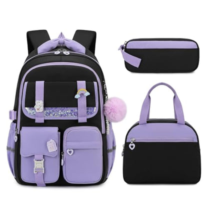 MUSEVOS Girls Backpack, Kids Backpack for Girls, School Bookbag for Teens Age 6-15, Large Capacity Water Resistant Backpack for Elementary to High School, Cute Travel Daypack, Black Purple 3pcs - color: Black Purple-3pcs