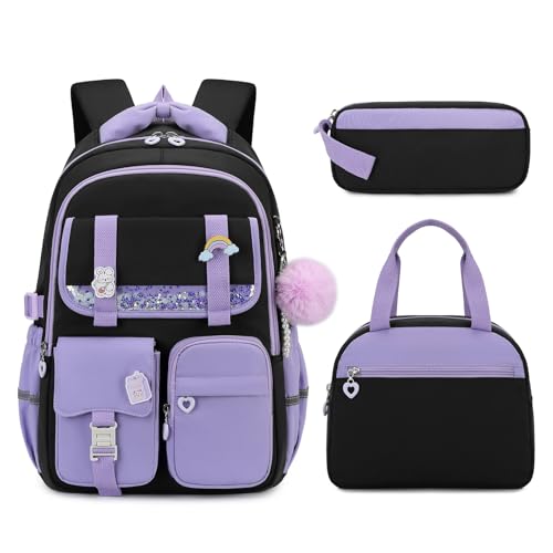 MUSEVOS Girls Backpack, Kids Backpack for Girls, School Bookbag for Teens Age 6-15, Large Capacity Water Resistant Backpack for Elementary to High School, Cute Travel Daypack, Black Purple 3pcs - color: Black Purple-3pcs