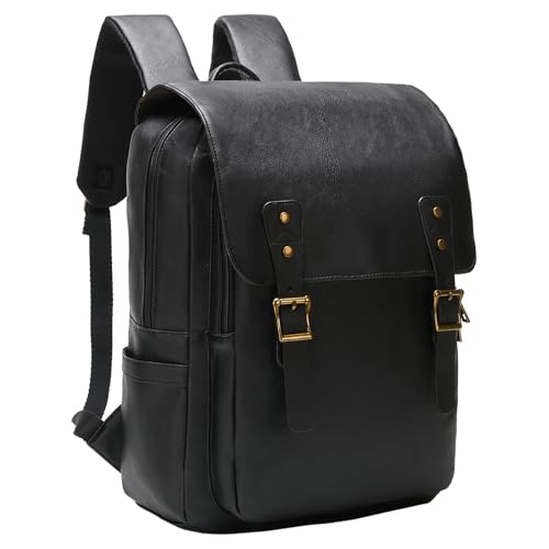 Leather Backpack for Men Women, 15.6in Laptop Backpack Waterproof Vintage Backpack for Commute Work Travel College Bookbag, Black