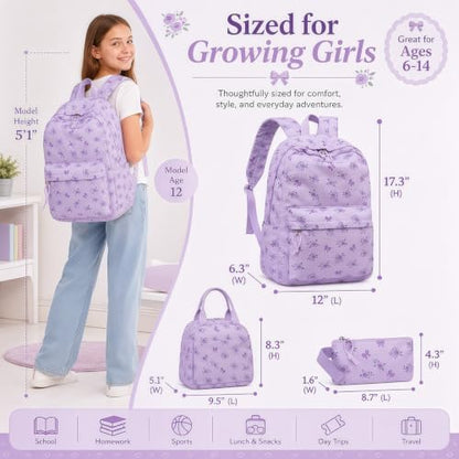 LEDAOU Kids Backpack for Girls Backpacks with Lunch Box, Lightweight Bookbag Set Elementary Middle School Back pack for 8-14 - color: Small Flower Bow - Purple