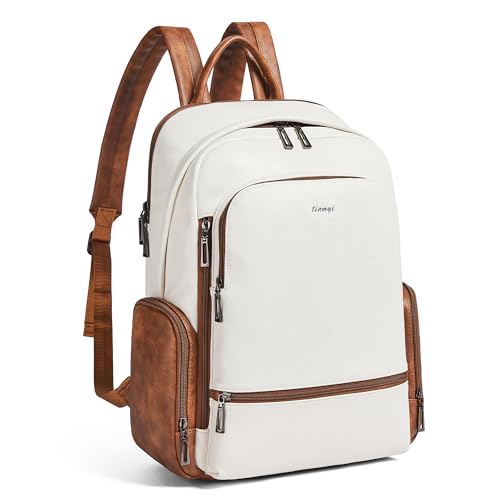 Leather Backpack for Women Men, Fits 16.0 Inch Laptop, Soft Vegan Leather Backpack for Travel and Daily Use, Beige - color: 3-1 Beige