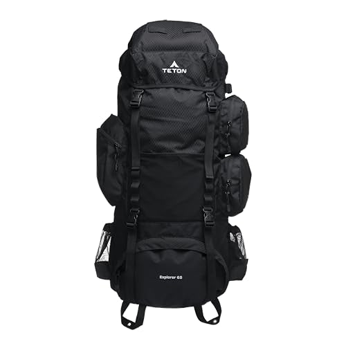 Teton 65L Explorer Internal Frame Backpack for Hiking, Camping, Backpacking, Rain Cover Included, Black - color: Onyx, size: 65L