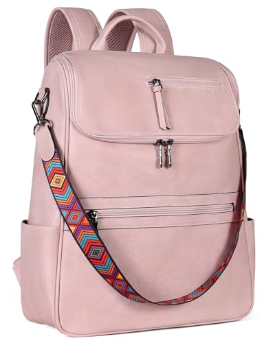 FADEON Laptop Backpack for Women Leather Travel Backpack with Laptop Compartment, Designer PU Shoulder Laptop Bag Pink - color: Pink Retro Style