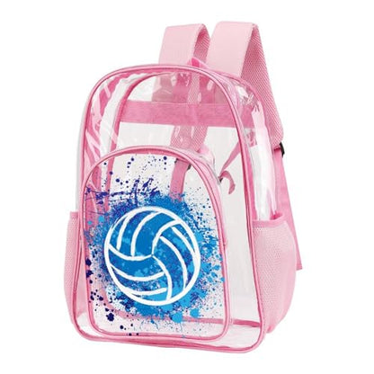 Volleyball Clear Backpack Heavy Duty for Girls Kids Boys Women | Large Cool PVC Volleyball Theme Printing Transparent Backpacks for Schools Stadium Concerts Work - Clear/Pink - color: Volleyball Clear Backpack 2 Pink With Front Pocket
