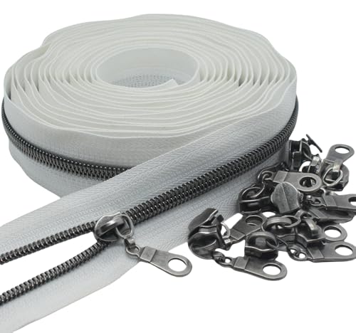 MebuZip #5 Gunmetal Metallic Nylon Coil Zippers by The Yard Bulk Coil Zipper Roll 10 Yards with 25pcs Pulls for DIY Sewing Craft Bags (White) - color: Gunmetal White