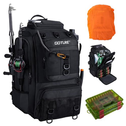 Goture 40L Large Black Fishing Backpack, 900D Tear-Resistant Tackle Bag with Cooler & Rain Cover & 3600 Trays, Freshwater Saltwater - color: Black, size: B - Includes 2 regular 3600 trays